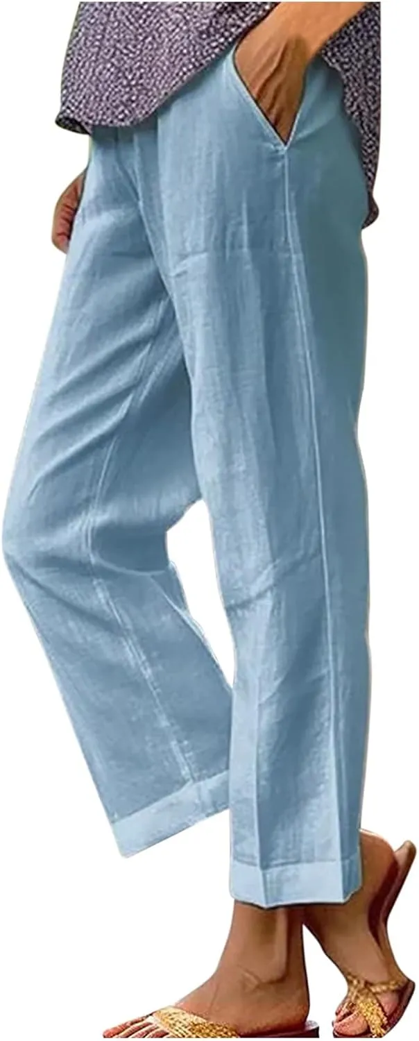 Womens Linen Pants with Pockets Casual Ankle Pant High Waist Comfy Lightweight Loose Trousers Beach Cropped Pants