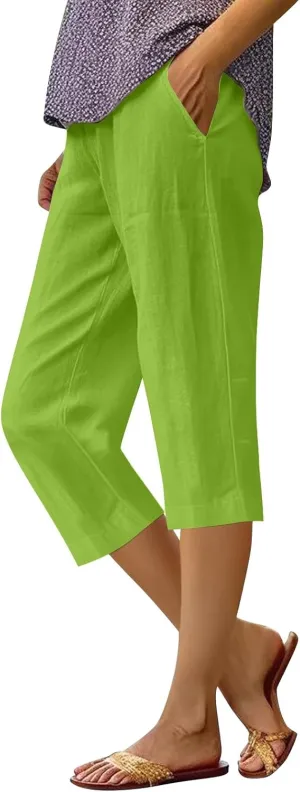 Women's Pants Elastic Waist Cotton Trouser Cropped Wide Leg Pants Petite on Casual Pants for Women