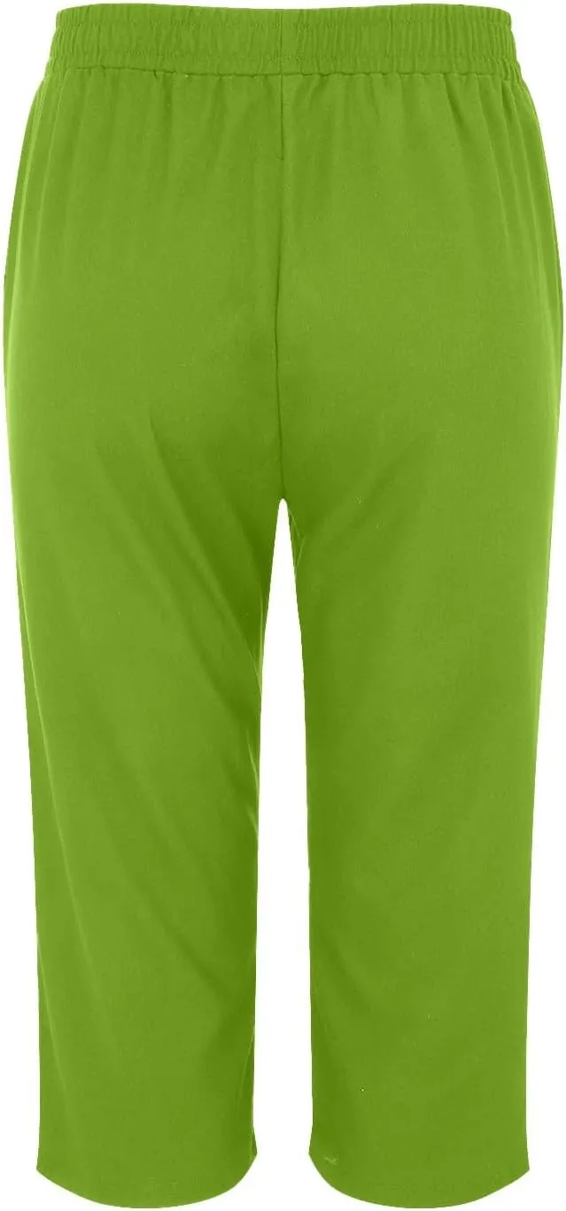 Women's Pants Elastic Waist Cotton Trouser Cropped Wide Leg Pants Petite on Casual Pants for Women