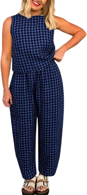 Womens Plaid 2 Pieces Lounge Pants Sets Y2K Sleeveless Gingham Crop Tank Top Outfits Baggy Wide Leg Barrel Loungewear Suits