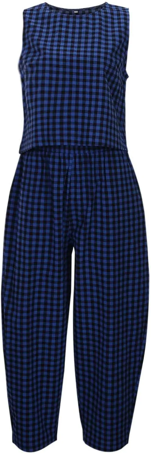 Womens Plaid 2 Pieces Lounge Pants Sets Y2K Sleeveless Gingham Crop Tank Top Outfits Baggy Wide Leg Barrel Loungewear Suits