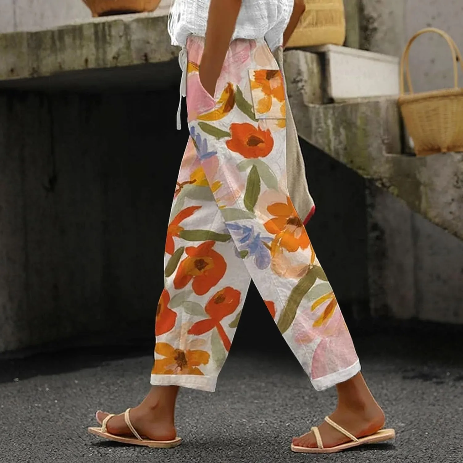 Women's Solid Striped Linen Capris Capri Pants with Pockets Wide Leg Cropped Pants for Women Linen Capris for Women
