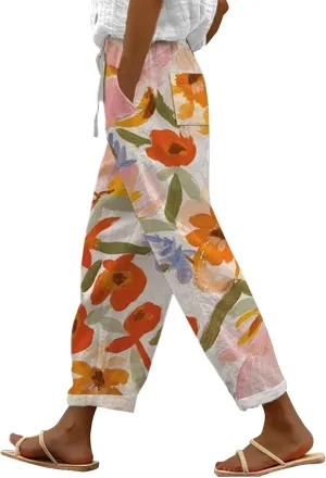 Women's Solid Striped Linen Capris Capri Pants with Pockets Wide Leg Cropped Pants for Women Linen Capris for Women