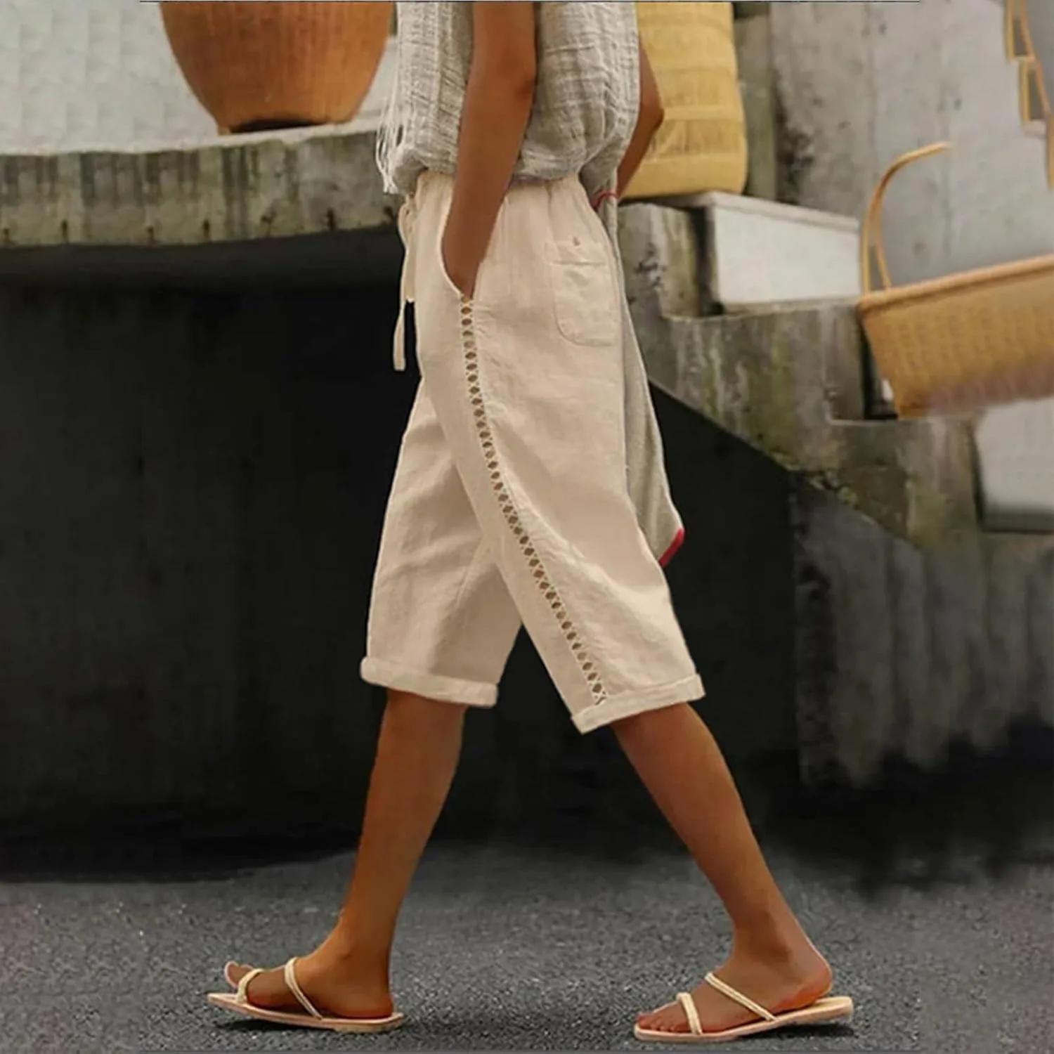 Women's Summer Casual Linen Pants Drawstring Waist Lightweight Capris Hollow Out Beach Cropped Trousers with Pockets
