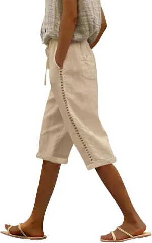 Women's Summer Casual Linen Pants Drawstring Waist Lightweight Capris Hollow Out Beach Cropped Trousers with Pockets