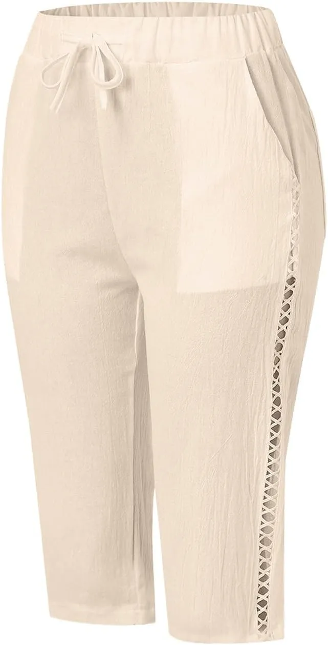 Women's Summer Casual Linen Pants Drawstring Waist Lightweight Capris Hollow Out Beach Cropped Trousers with Pockets