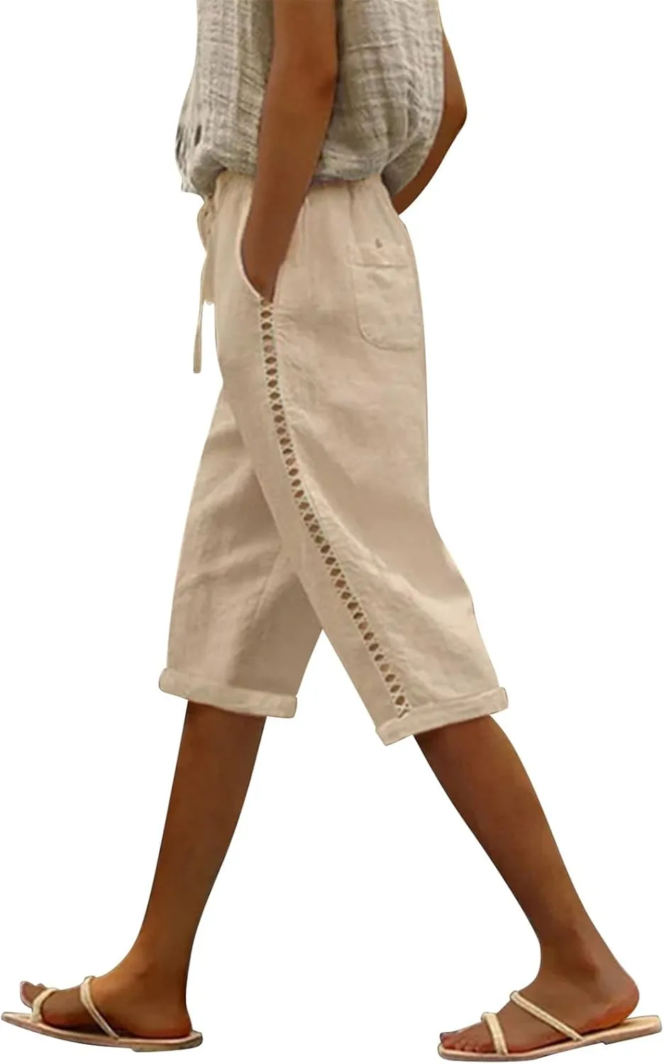 Women's Summer Casual Linen Pants Drawstring Waist Lightweight Capris Hollow Out Beach Cropped Trousers with Pockets