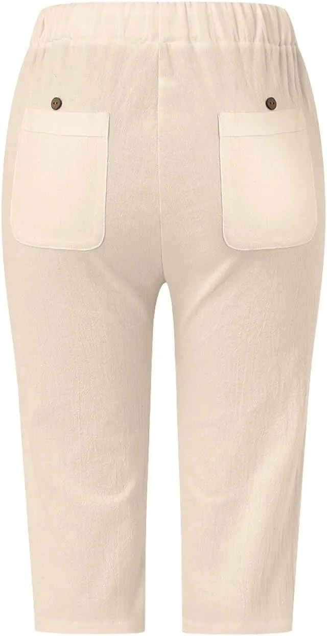 Women's Summer Casual Linen Pants Drawstring Waist Lightweight Capris Hollow Out Beach Cropped Trousers with Pockets