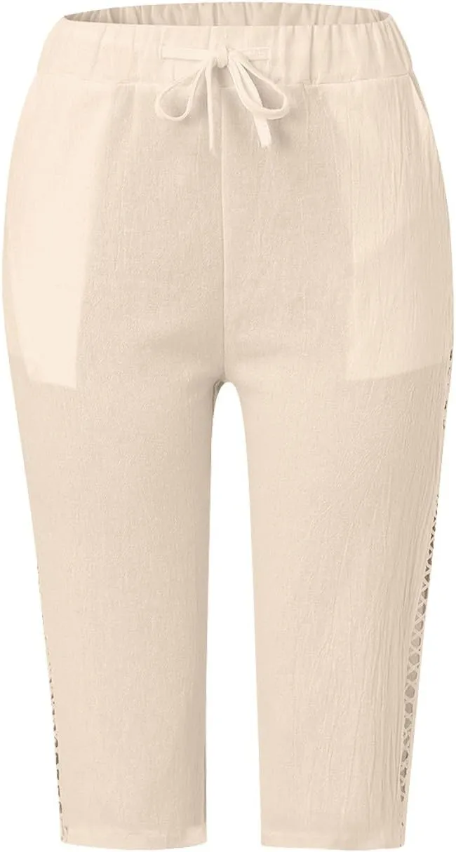 Women's Summer Casual Linen Pants Drawstring Waist Lightweight Capris Hollow Out Beach Cropped Trousers with Pockets