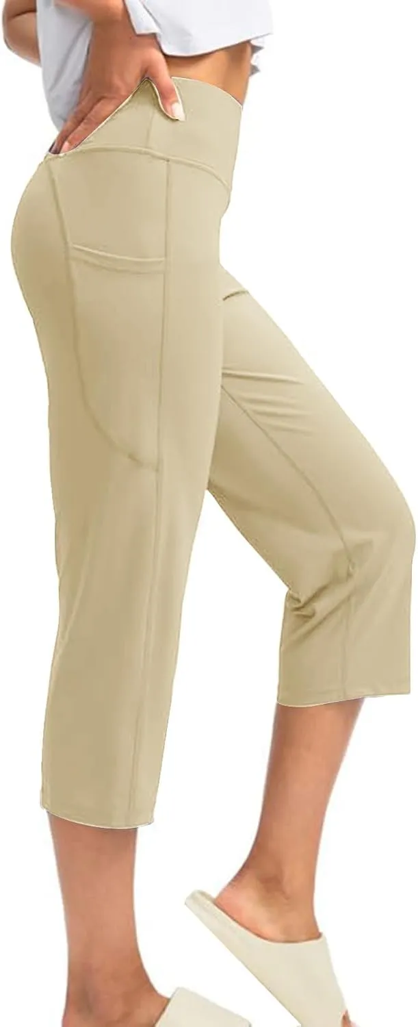 XUNRYAN Womens Capri Leggings Yoga Pants High Waist Crop Athletic Workout Gym Straight Leg Trousers Activewear with Pockets